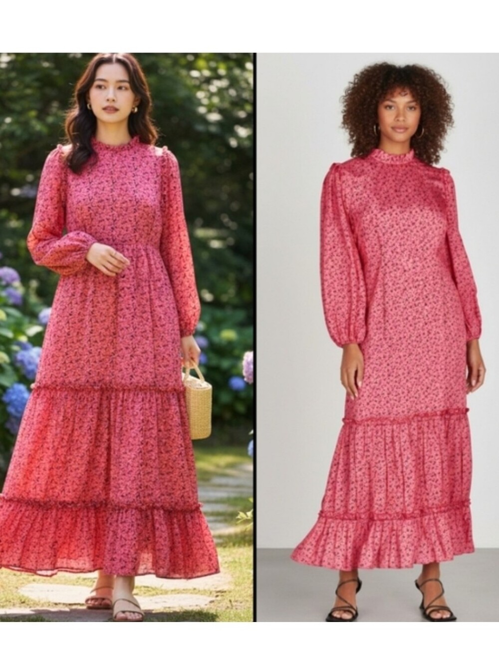 RIXO Monet Pink/Black Floral Silk Cotton Maxi Dress Long Sleeves Summer Size S‎